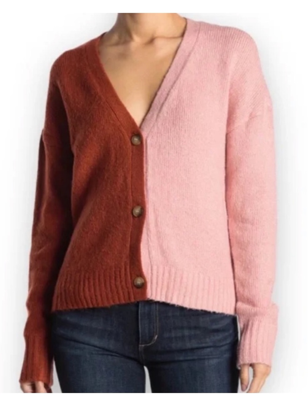 Olivia Sky Two-Tone Pink and Rust V-Neck Button Cardigan Sweater Size Small